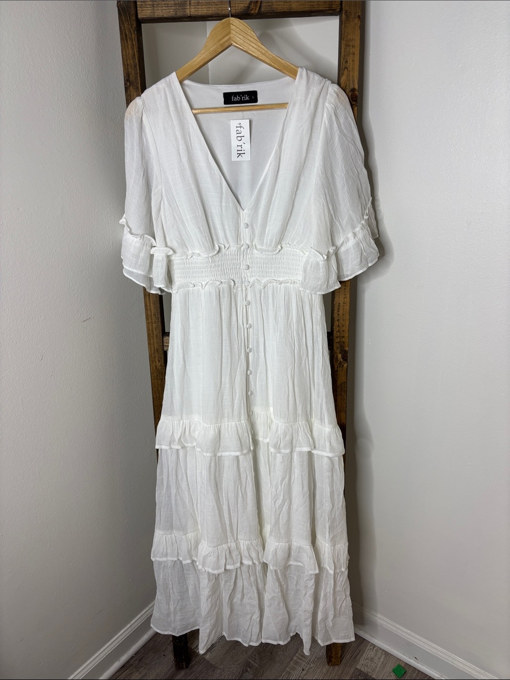 fab'rik White Ruffle Tiered Maxi Dress with Button Front Size L